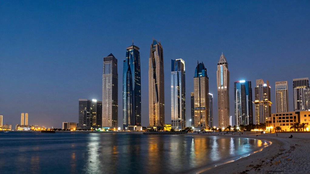 blue hour to night skyline reflections