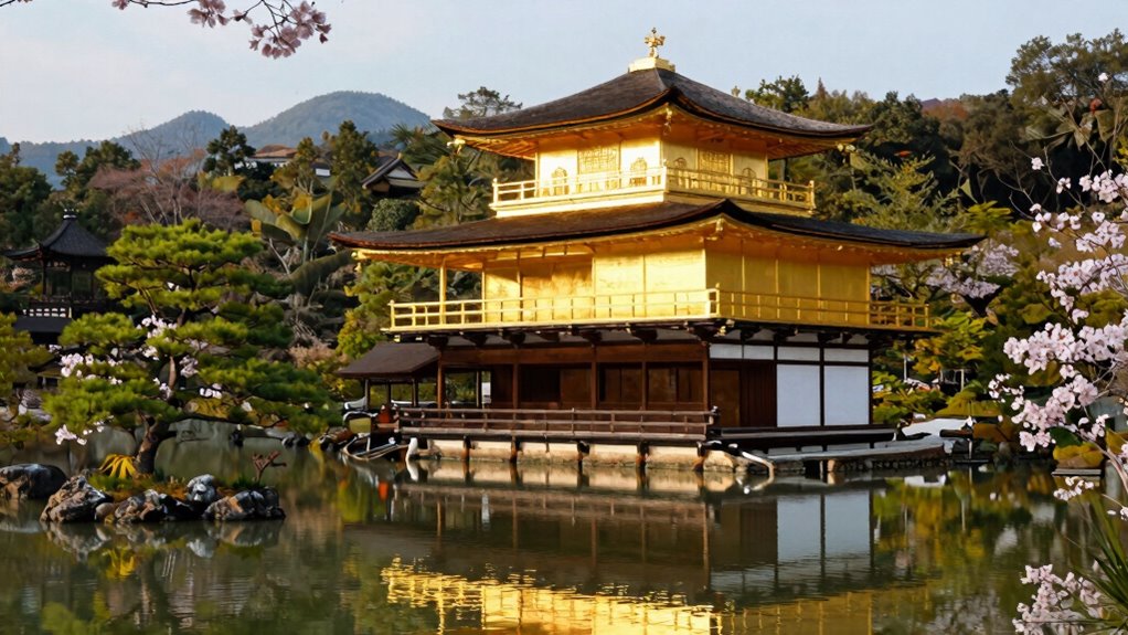golden pavilion reflects in tranquil pond