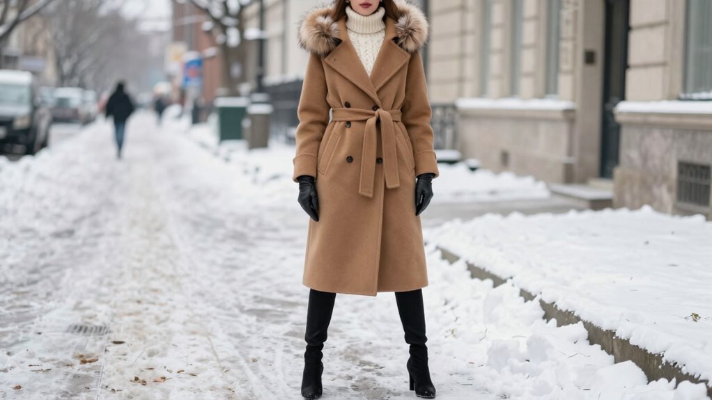 long camel coat with scarf