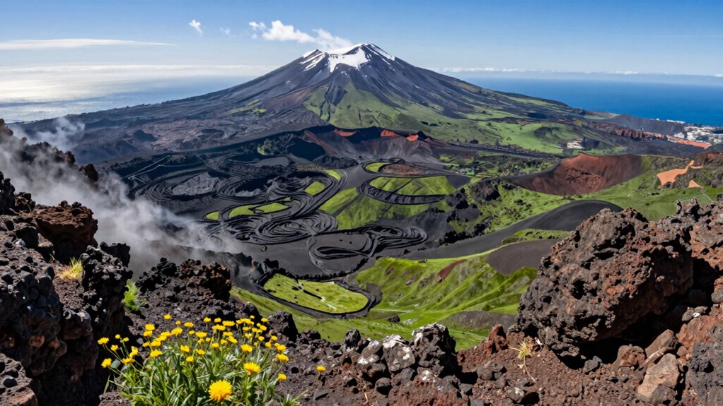 volcanoes mountains and waterfalls