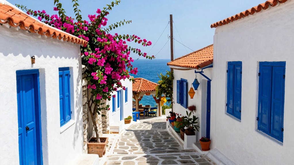 whitewashed alleys blue domes village charm
