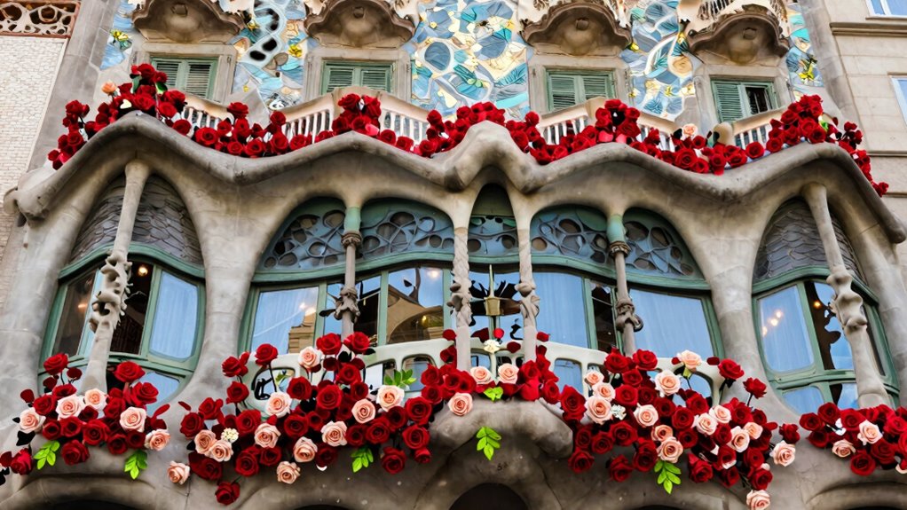 rose covered casa batll during sant jordi