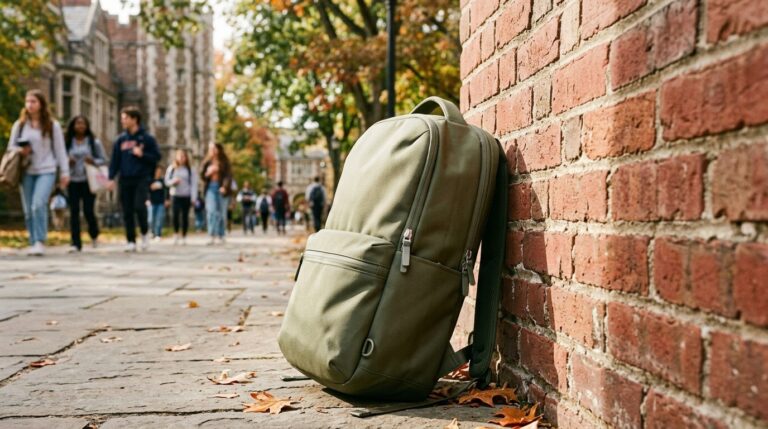 A brand-free backpack beside a brick wall on a college campus