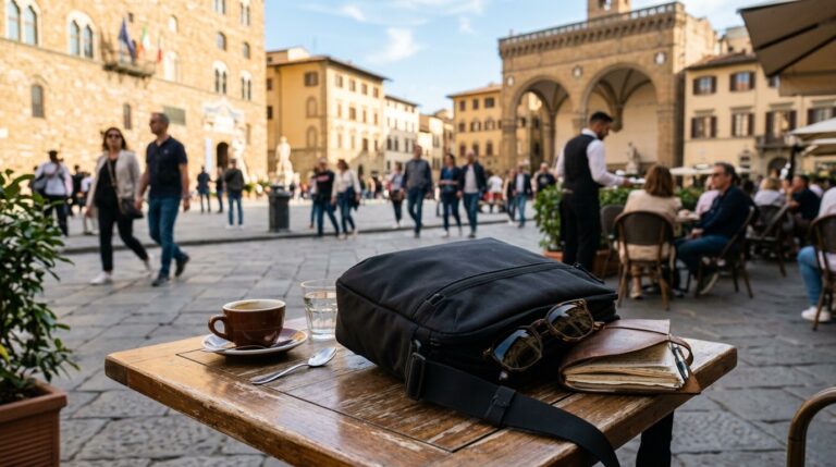 Brand-free crossbody travel bag on an outdoor cafe table