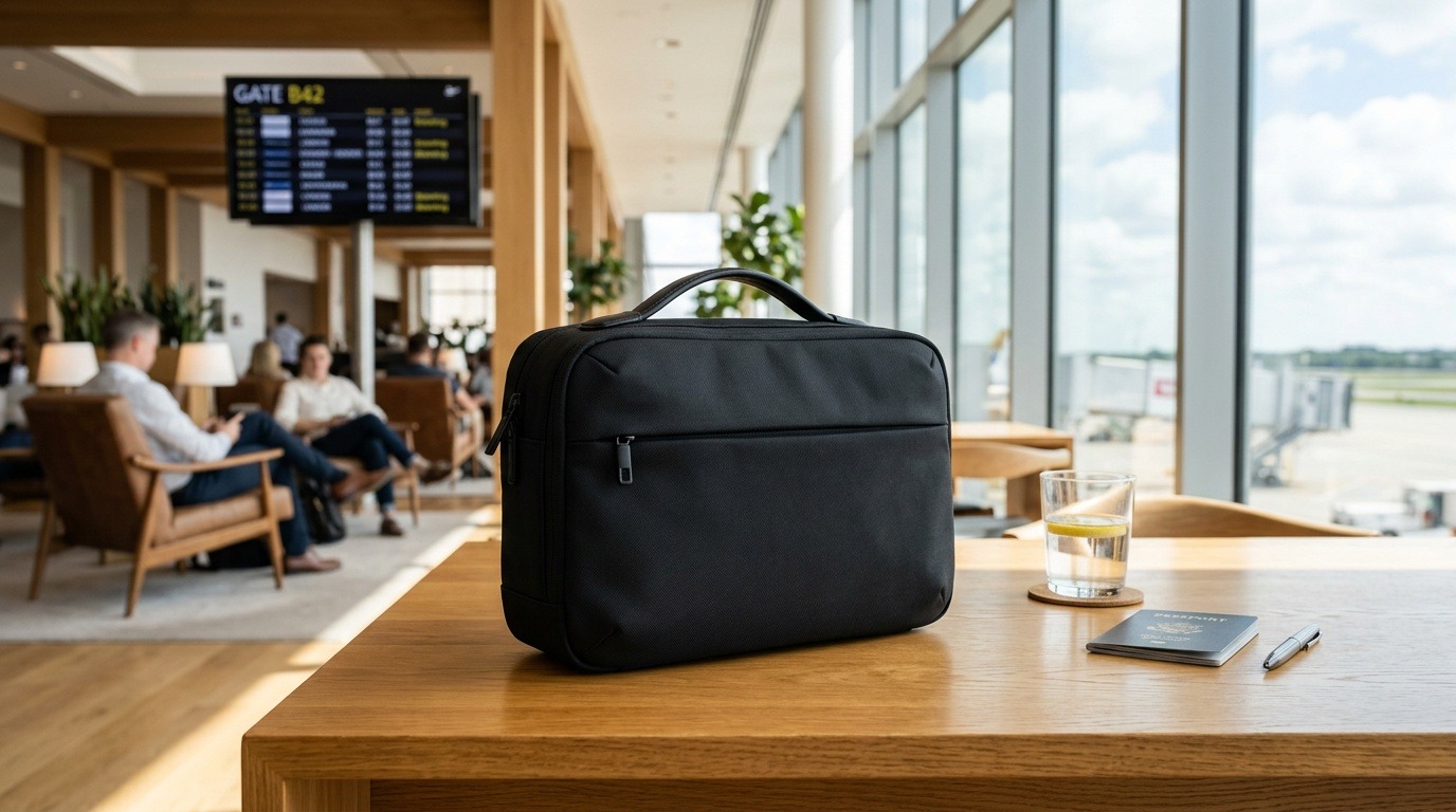 Brand-free personal item bag on a table in an airport lounge