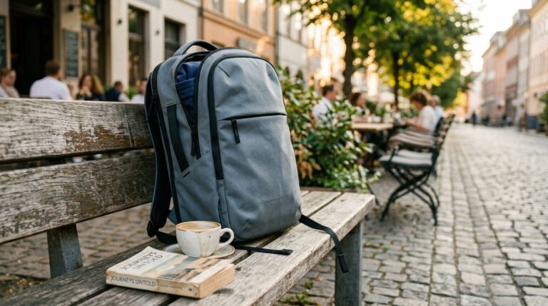 Travel backpack on a cafe bench